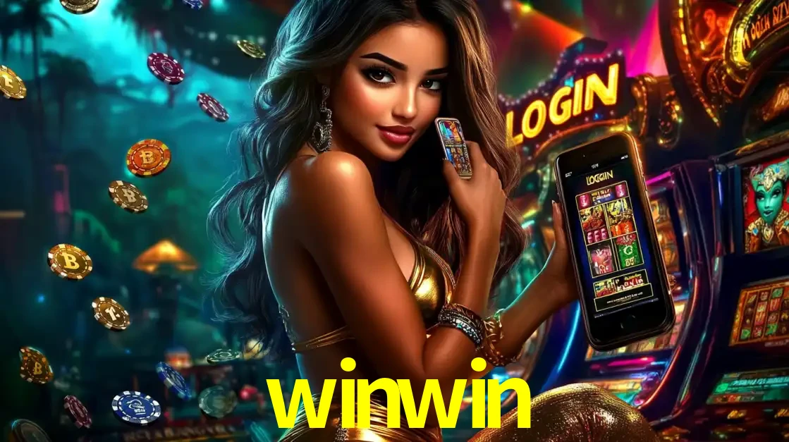 Mulher em um cenário de cassino temático de aventura, mostrando o app de caça-níqueis da winwin no celular. Fichas de apostas flutuam ao redor.