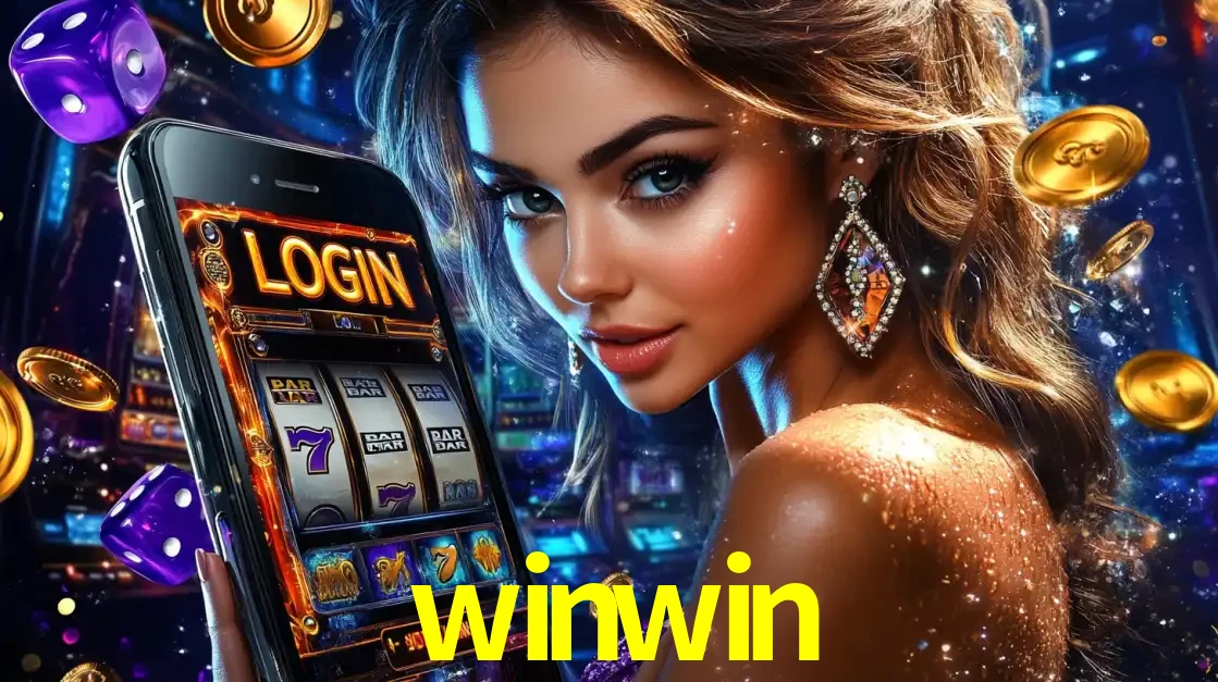 Mulher glamorosa segurando um smartphone com a tela de login para os jogos de caça-níqueis do cassino online winwin, com moedas de ouro e dados ao redor.