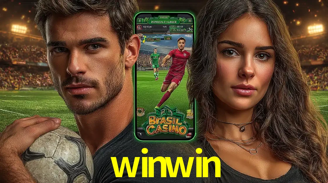 Homem segurando uma bola de futebol e uma mulher ao lado de um smartphone exibindo o jogo de apostas esportivas da winwin. Faça seu palpite no cassino online.